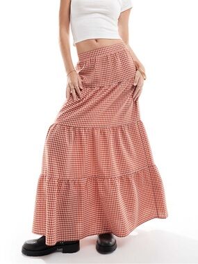 ASOS Miss Selfridge tiered maxi gingham skirt in rust